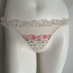 Ivory mesh ruffle thong panty with pink and green floral embroidery
